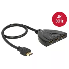   Delock HDMI UHD-kapcsoló, 3 x HDMI-bemenet > 1 x HDMI-kimenet, 4K integrált kábellel (50 cm)