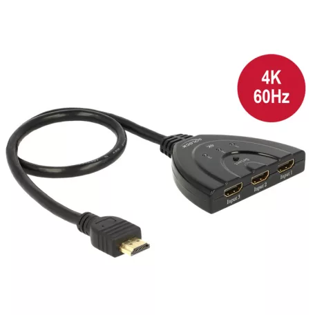 Delock HDMI UHD-kapcsoló, 3 x HDMI-bemenet > 1 x HDMI-kimenet, 4K integrált kábellel (50 cm)