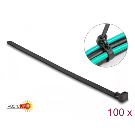 Delock Kábelösszekötő újrahasznosítható hőálló hossza 150 mm, szélessége 7,5 mm, 100 db. Fekete