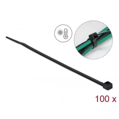   Delock Kábelkötöző ellenáll a forró hőmérsékletnek hossza 150 x szélessége 3,6 mm, 100 db. Fekete