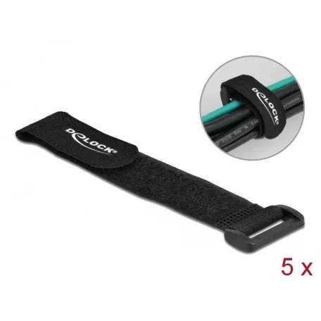 Delock Befűzős kábelkötegelő tépőzárral hossza 190 mm, szélessége 25 mm, 5 db. Fekete