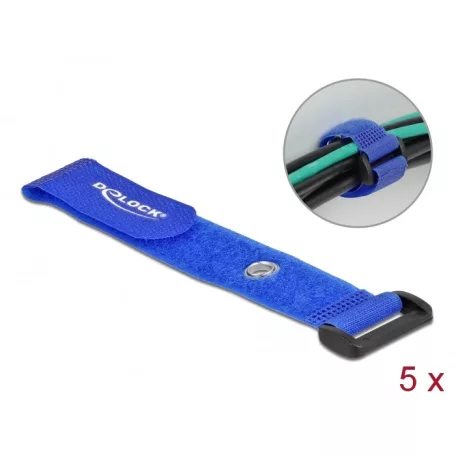 Delock Befűzős kábelkötegelő tépőzárral és szorító karikával hossza 190 mm, szélessége 25 mm, 5 db.