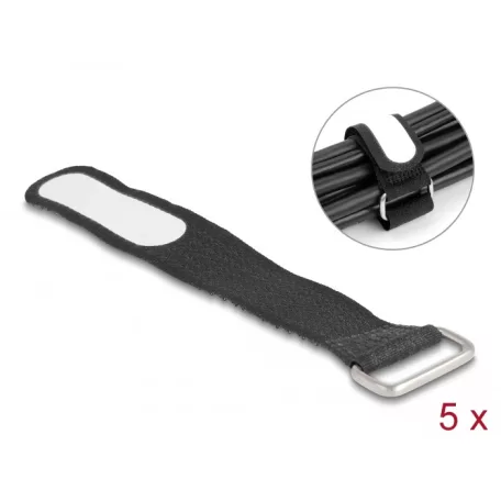 Delock Tépőzáras kábelkötegelő horoggal és feliratozható felülettel Hx 127 mm és Sz 20 mm 5 db. fekete