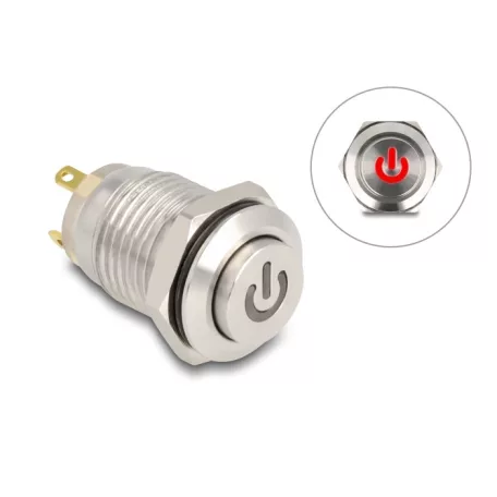 Delock Nyomógomb beszereléshez 12 mm 4 x forrasztási csatlakozó LED piros bekapcsolási szimbólum