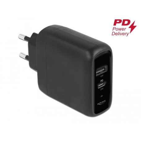 Delock USB töltő USB Type-C™ PD 3.0 és A-típusú USB-hez 20 W + 12 W teljesítménnyel