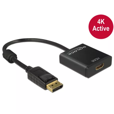 Delock Adapter Displayport 1.2-dugós csatlakozó > HDMI-csatlakozóhüvely 4K aktív, 20cm, fekete