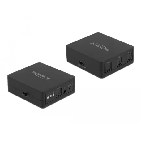 Delock S/PDIF TOSLINK kapcsoló 3 bemenettel és 1 kimenettel infrasugaras távkapcsolóval és USB Tápellátással