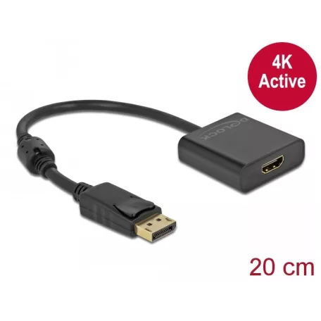 Delock Adapter DisplayPort 1.2-dugós csatlakozó-HDMI-csatlakozóhüvely 4K aktív fekete
