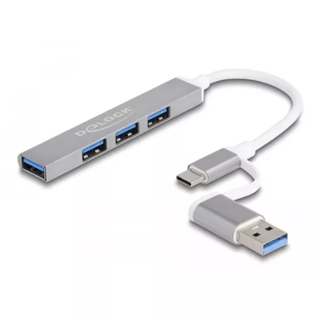 Delock 4 portos vékony USB Hub USB Type-C™ vagy USB A-típusú - 3 x USB 2.0 Type-A csatlakozóhüvely + 1 x USB 5 Gbps Type-A csatlakozóhüvely