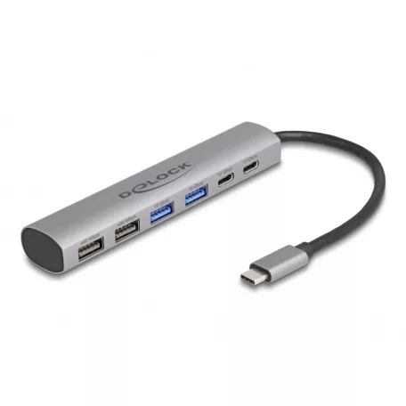 Delock 6 portos USB hub 4 x A-típusú USB anyával és 2 x USB Type-C™ anya csatlakozóval