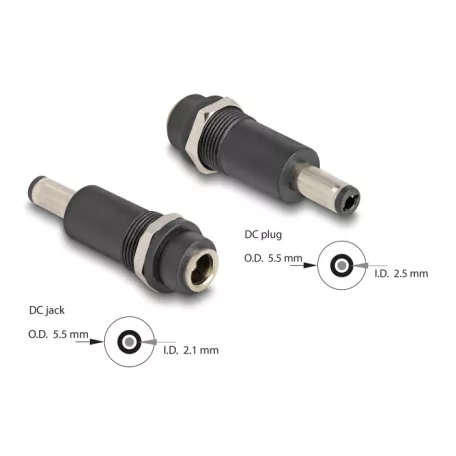 Delock Adapter, DC 5,5 x 2,1 mm-csatlakozóhüvely, DC 5,5 x 2,5 mm méretű apa