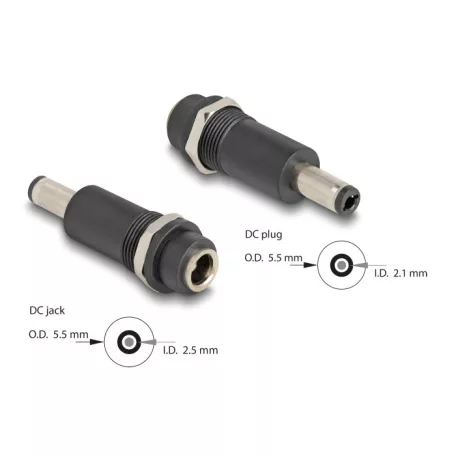 Delock Adapter, DC 5,5 x 2,5 mm-csatlakozóhüvely, DC 5,5 x 2,1 mm méretű apa