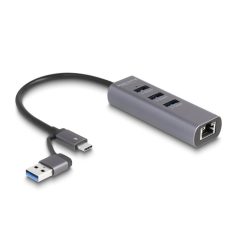   Delock 3 portos USB 5 Gbps Hub + Gigabit LAN USB Type-C™ csatlakozóval vagy A-típusú USB csatlakozóval fém vázban