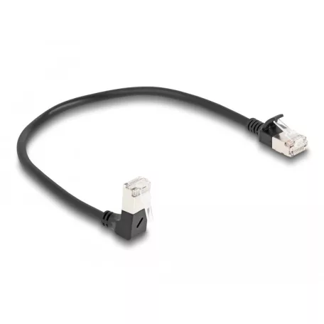 Delock RJ45 hálózati kábel Cat.6A S/FTP vékony 90° fokban lefelé hajló / egyenes 0,25 m fekete