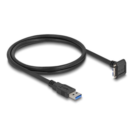 Delock USB 5 Gbps kábel A-típusú USB apa egyenes – Mikro-B-típusú USB apa 90°-ban lefelé fordított 18 mm-es csavar távolsággal 1 m, fekete