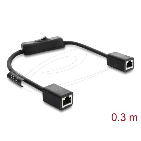 Delock RJ45 kábel, hüvely csatlakozó–aljzat, kapcsolóval, Cat.6 F/UTP, 0,3 m – fekete