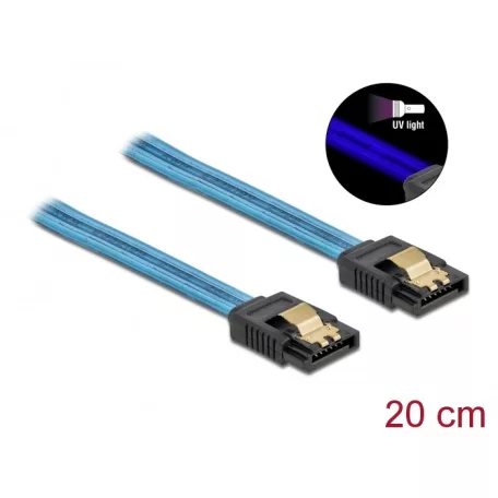 Delock 6 Gb/s SATA kábel UV fényhatással kék színű, 20 cm