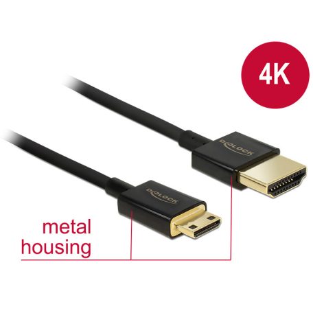 Delock kábel High Speed HDMI Ethernettel - HDMI-A apa> HDMI Mini-C apa3D 4K 2 m vékony Premium