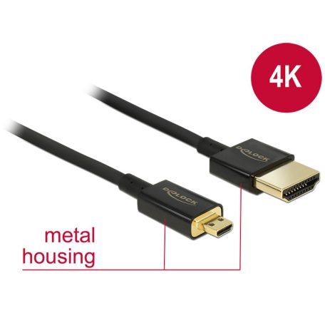 Delock kábel High Speed HDMI Ethernet - HDMI-A apa > HDMI Micro-D apa 3D 4K 2 m Slim Prémium
