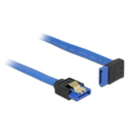 Delock SATA-kábel, 6 Gb/s, hüvely, egyenes > SATA hüvely, felfelé ívelt, 20 cm, kék aranyszínu kapcs