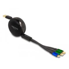   Delock USB 3 az 1-ben visszahúzható töltőkábel Micro USB-hez / 2 x USB Type-C™ gyorstöltéssel, fekete