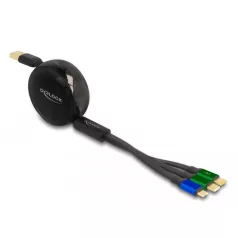  Delock USB 3 az 1-ben visszahúzható töltőkábel Micro USB-hez / 2 x USB Type-C™ gyorstöltéssel, fekete