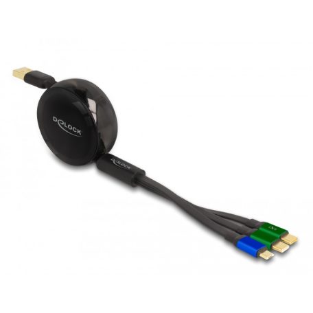 Delock USB 3 az 1-ben visszahúzható töltőkábel Micro USB-hez / 2 x USB Type-C™ gyorstöltéssel, fekete