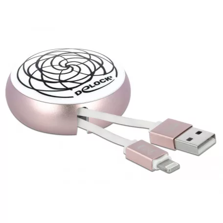 Delock USB 2.0 behúzható kábel A-típusú – Lightning™ 8 tűs, fehér / halvány rózsaszín