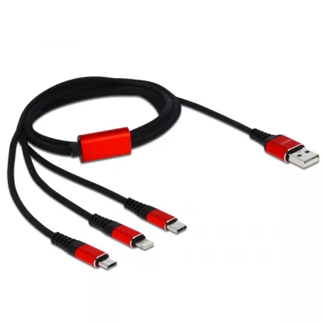 Delock 1 m hosszú, USB töltő kábel 3 az 1-ben Lightning™-, Micro USB- és USB Type-C™ csatlakozáshoz