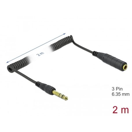 Delock Csavartkábel meghosszabbítás 3 tűs 6,35 mm sztereo Jack apa – sztereo jack anya 2 m, fekete