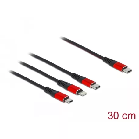 Delock 30 cm hosszú, USB töltő kábel 3 az 1 USB Type-C™ apa Lightning™-, Micro USB- és USB Type-C™ c