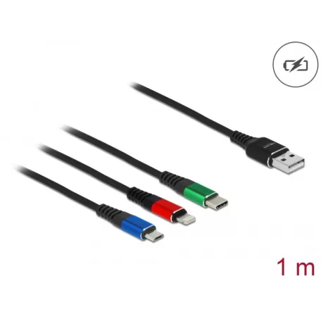 Delock 1 m hosszú, USB töltő kábel 3 az 1-ben Lightning™-, Micro USB- és USB Type-C™ csatlakozáshoz