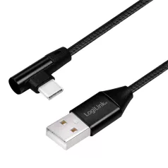   Logilink USB 2.0 Type-C kábel, C/M (90°) – USB-A/M, szövet, fekete, 0,3 m