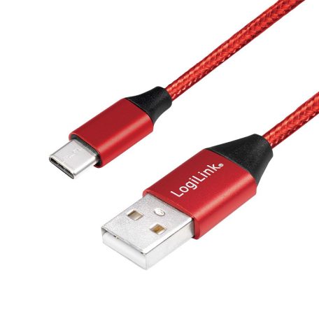 Logilink USB 2.0 Type-C kábel, C/M-USB-A/M, szövet, piros, 1 m