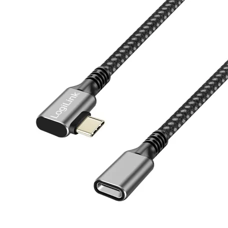 Logilink USB 3.2 Gen2 Type-C kábel, C/M 90° - USB-C/F, PD, AV, alu, fekete/szürke, 0,5 m