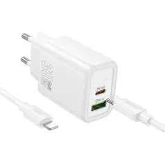  HOCO N63 Gentle fali töltő USB-A + USB-C, PD30W+QC3.0, USB-C - Lightning kábellel, fehér
