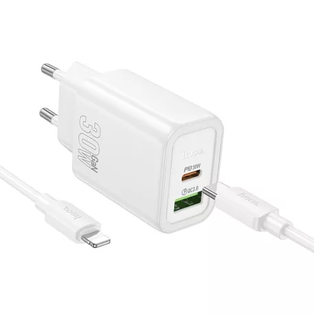 HOCO N63 Gentle fali töltő USB-A + USB-C, PD30W+QC3.0, USB-C - Lightning kábellel, fehér