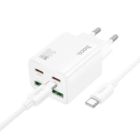 HOCO N56 Fundador négyportos 2xType-C 2xUSB-A PD30W(2C2A) töltőkészlet Type-C - Type-C kábellel (EU) fehér