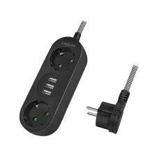   Logilink Elosztó 2-es, 2x CEE 7/3 + 3x USB-A, textil kábel, fekete