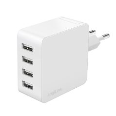 Logilink 4 portos USB fali töltő, 4x USB-A, 24 W, fehér