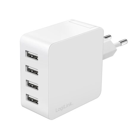 Logilink 4 portos USB fali töltő, 4x USB-A, 24 W, fehér