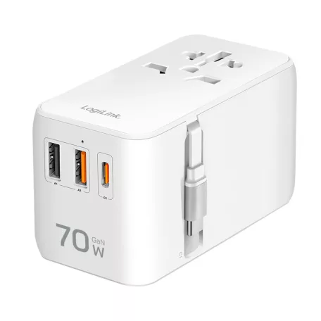 Logilink Univerzális utazó tápegység, 70 W (PD), 4x csatlakozások + kábel, tűzálló, fehér
