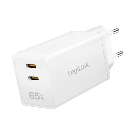 Logilink Kettős USB aljzatú adapter, GaN, 65 W, 2x USB-C (PD 3.0/QC 4.0), fehér
