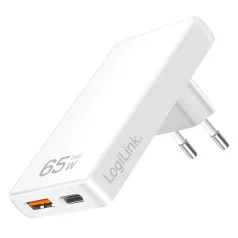   Logilink Kettős USB aljzat adapter, GaN, 65 W, USB-A, USB-C, extra vékony, fehér
