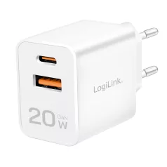   Logilink Kettős USB-s töltő, 20 W, GaN, 1x USB-C (PD), 1x USB-A, fehér
