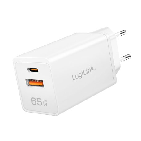 Logilink Kettős USB aljzatú adapter, GaN, 65 W, 1x USB-C (PD), 1x USB-A (QC), fehér