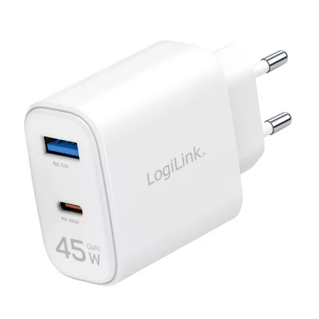 Logilink Kettős USB aljzatú adapter, 45 W, GaN, 1x USB-A, 1x USB-C, fehér