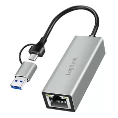   Logilink USB-C – Gigabit Ethernet adapter 2 az 1-ben USB-csatlakozással, szürke