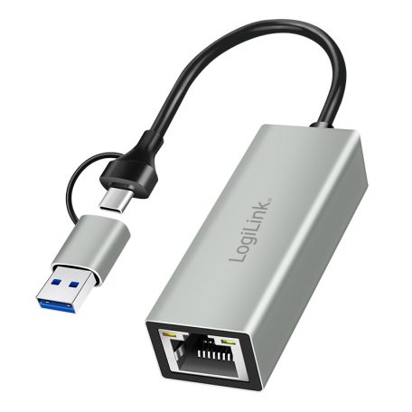 Logilink USB-C – Gigabit Ethernet adapter 2 az 1-ben USB-csatlakozással, szürke