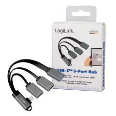   Logilink USB 3.2 Gen 1 hub, USB-C/M (90°) – 3x USB-A/F, alu, 0,15 m